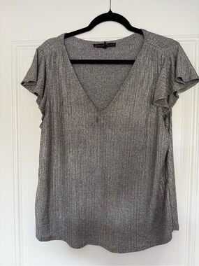 White House Black Market Silver Metallic V-Neck Short Sleeve Top